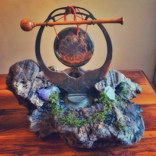 Driftwood sculpture with antique gong