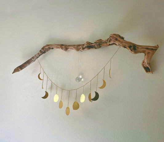 Driftwood wall hanging with sun catcher crystal and gold moons | handmade boho decor